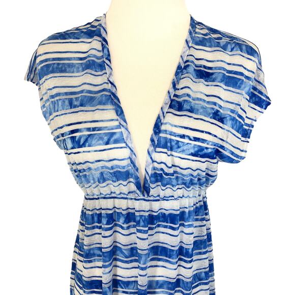 Dream Beach Sheer Maxi Dress Swimsuit Cover Low V Neck Size Medium Blue Vintage - Picture 5 of 11